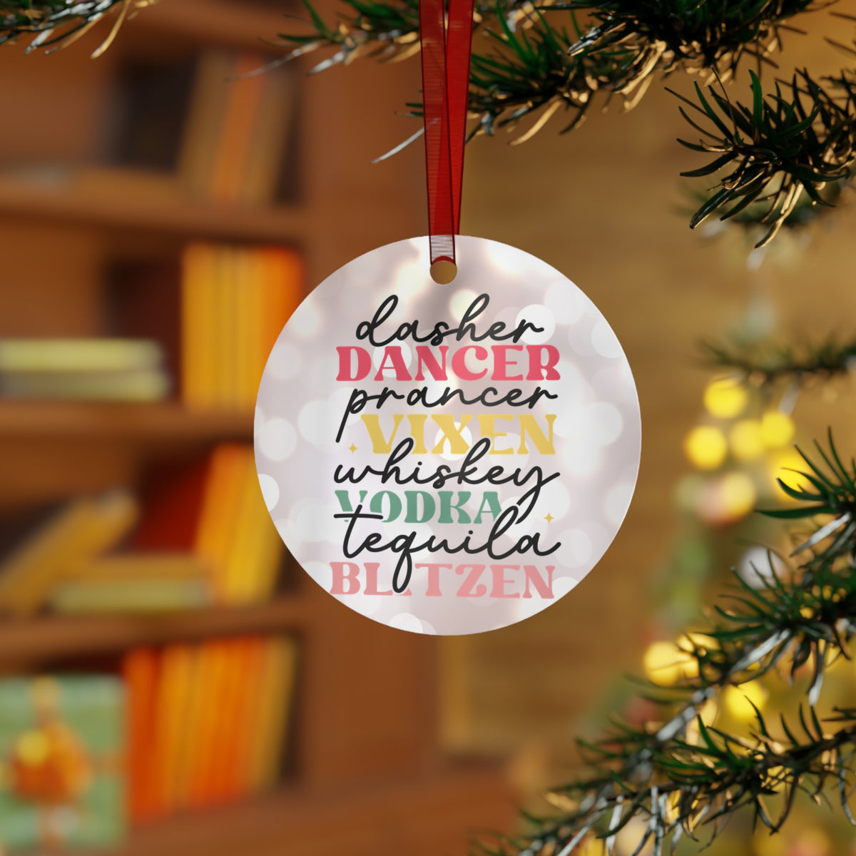 Reindeer Names Polka Dot Metal Ornament – Round Black & White Christmas Tree Decor