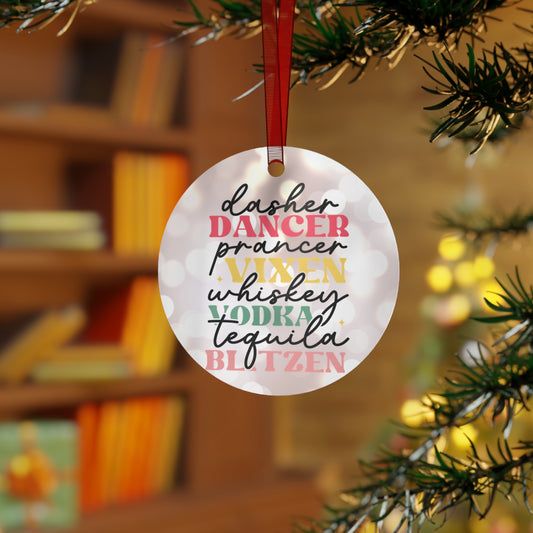 Reindeer Names Polka Dot Metal Ornament – Round Black & White Christmas Tree Decor