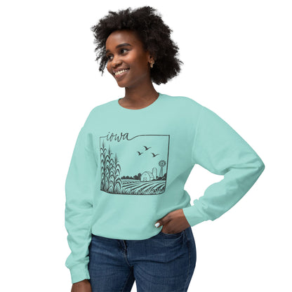 Iowa Farm Scene Crewneck Sweatshirt — Minimal Midwest Landscape