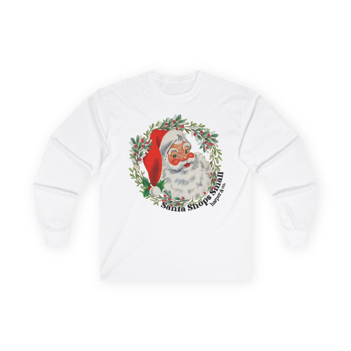 Vintage Santa Wreath Long Sleeve Tee — "Santa Shops Small" Christmas Shirt