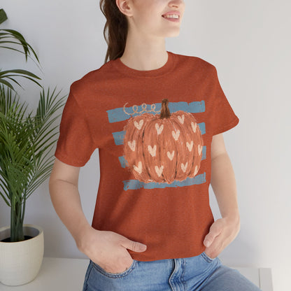 Pumpkin Heart Tee — Rustic Striped Autumn Pumpkin T‑Shirt