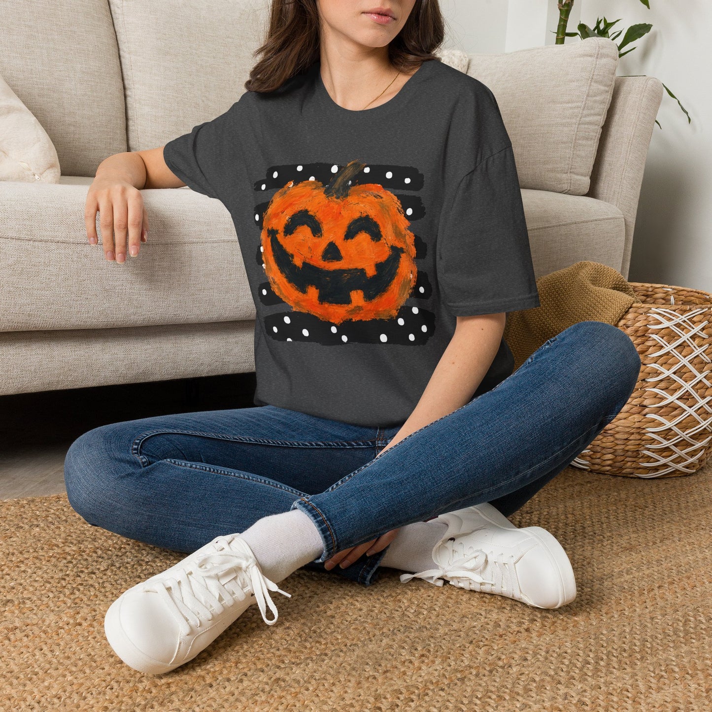 Halloween Pumpkin T‑Shirt — Smiling Jack‑O'Lantern Polka Dot Stripes