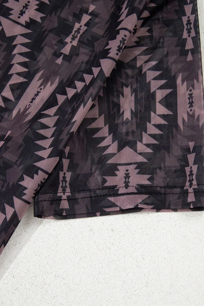 Aztec Print Mock Neck Short Sleeve Mesh T Shirt