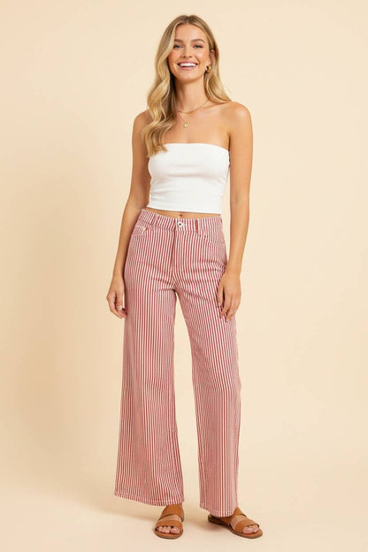 HP40087 High-Rise Wide-Leg Railroad Stripe Pants