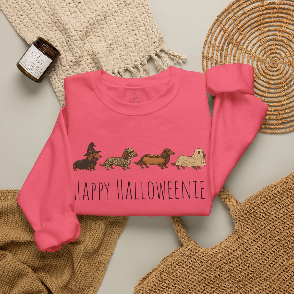 Halloween Dachshund Sweatshirt — "Happy Halloweenie" Cute Halloween Dog Crewneck