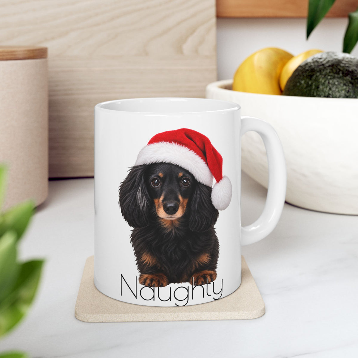 Christmas Dachshund Mug — Cute Wiener Dog in Santa Hat Ceramic Coffee Cup (11oz & 15oz)