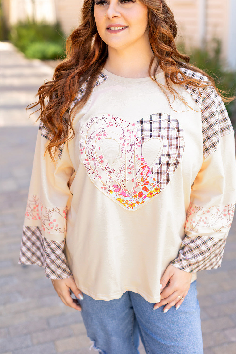 Beige Plaid Floral Peace Heart Graphic Wide Long Sleeve Top