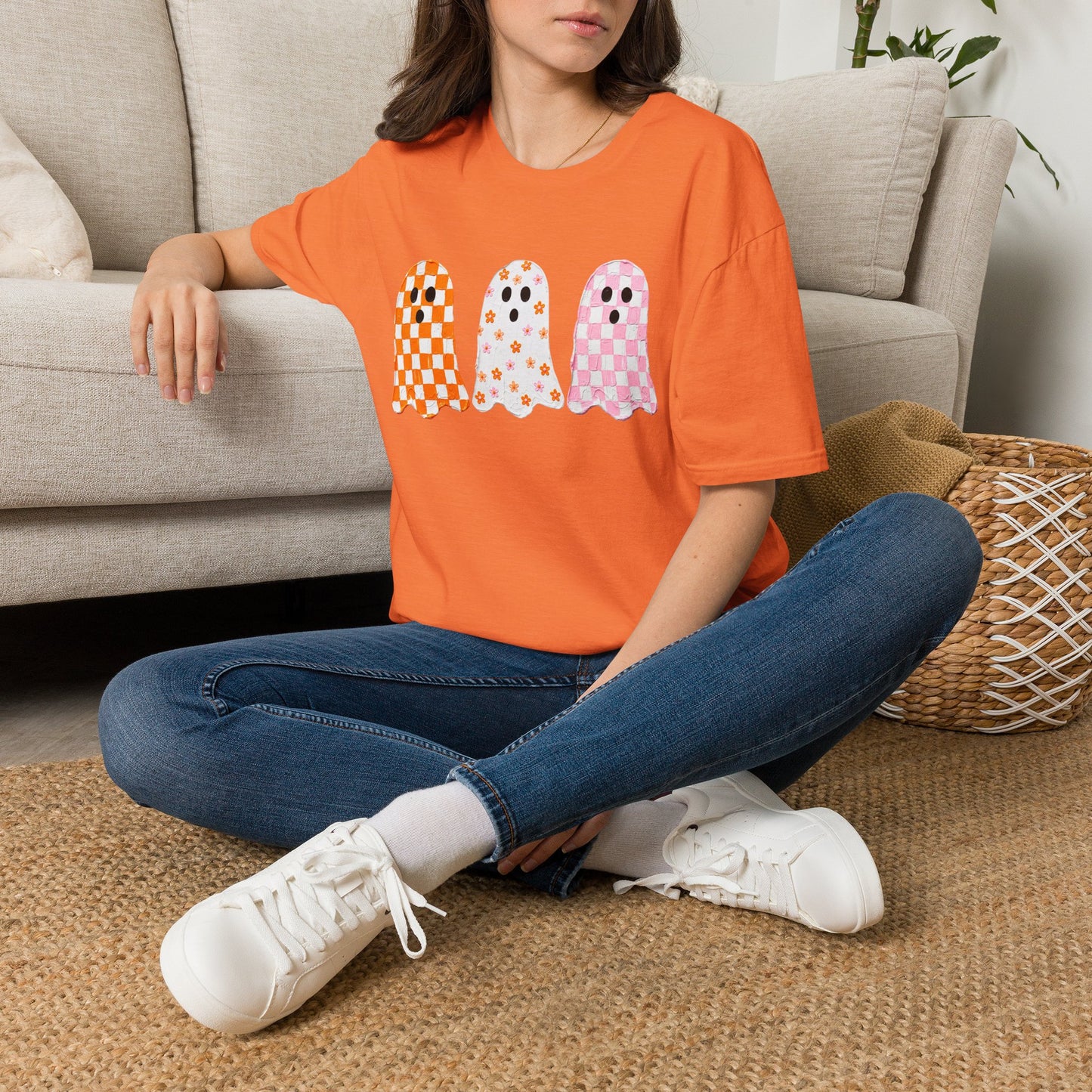 Ghost Trio T‑Shirt — Cute Checkered & Floral Halloween Tee