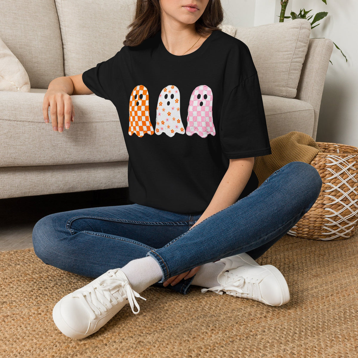 Ghost Trio T‑Shirt — Cute Checkered & Floral Halloween Tee