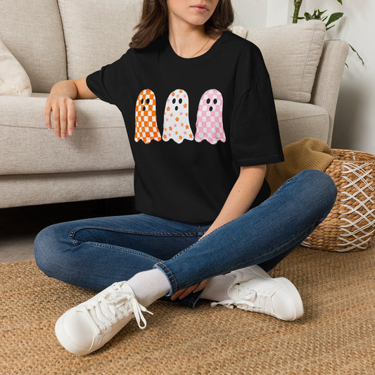 Ghost Trio T‑Shirt — Cute Checkered & Floral Halloween Tee