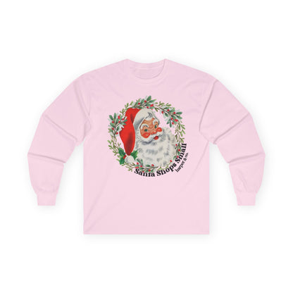 Vintage Santa Wreath Long Sleeve Tee — "Santa Shops Small" Christmas Shirt