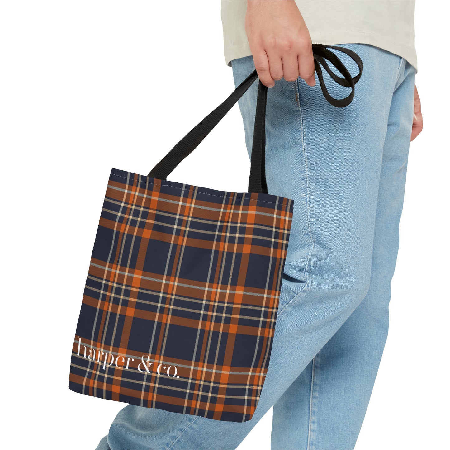 Navy Orange Plaid Tote Bag