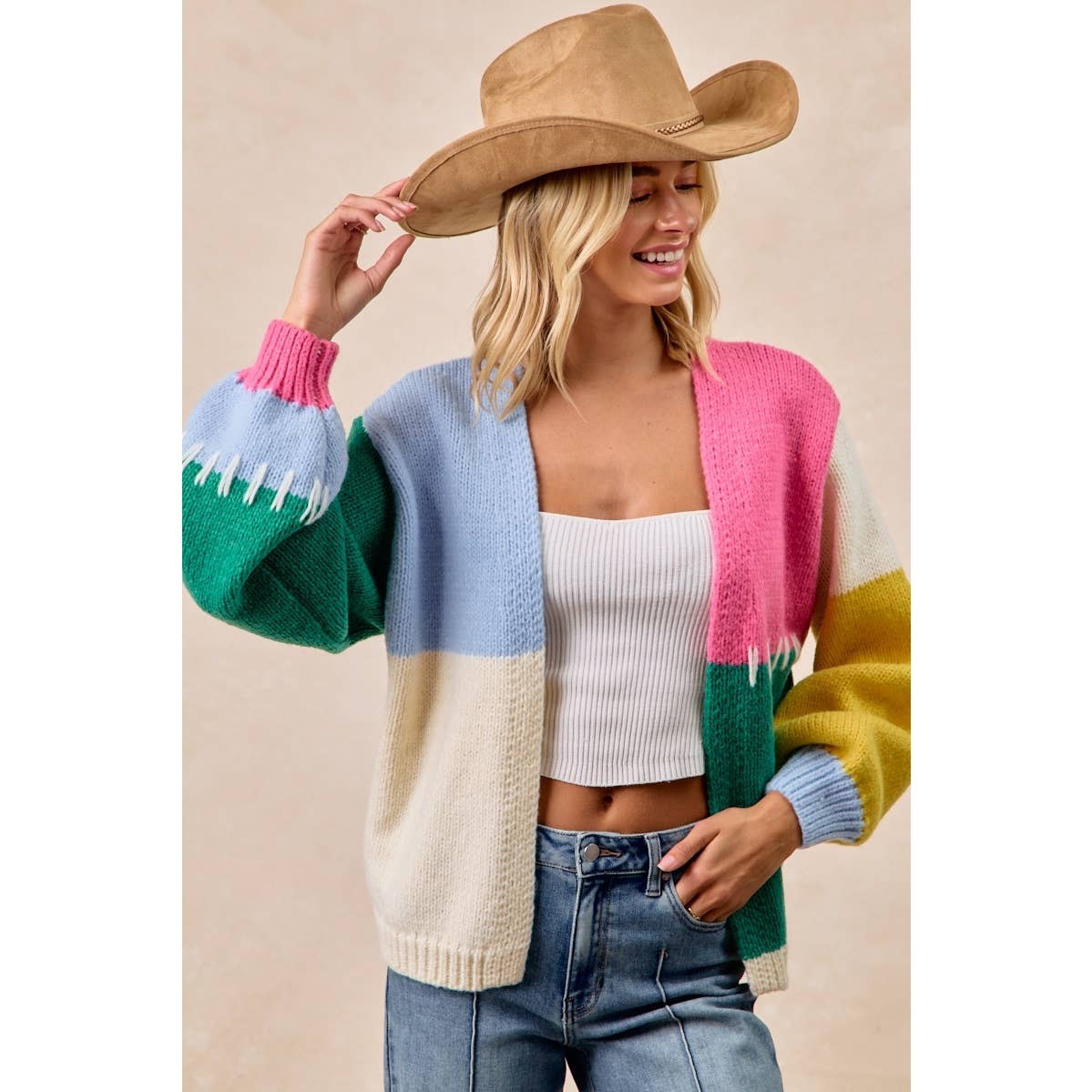 BiBi Color Block Sweater Open Cardigan