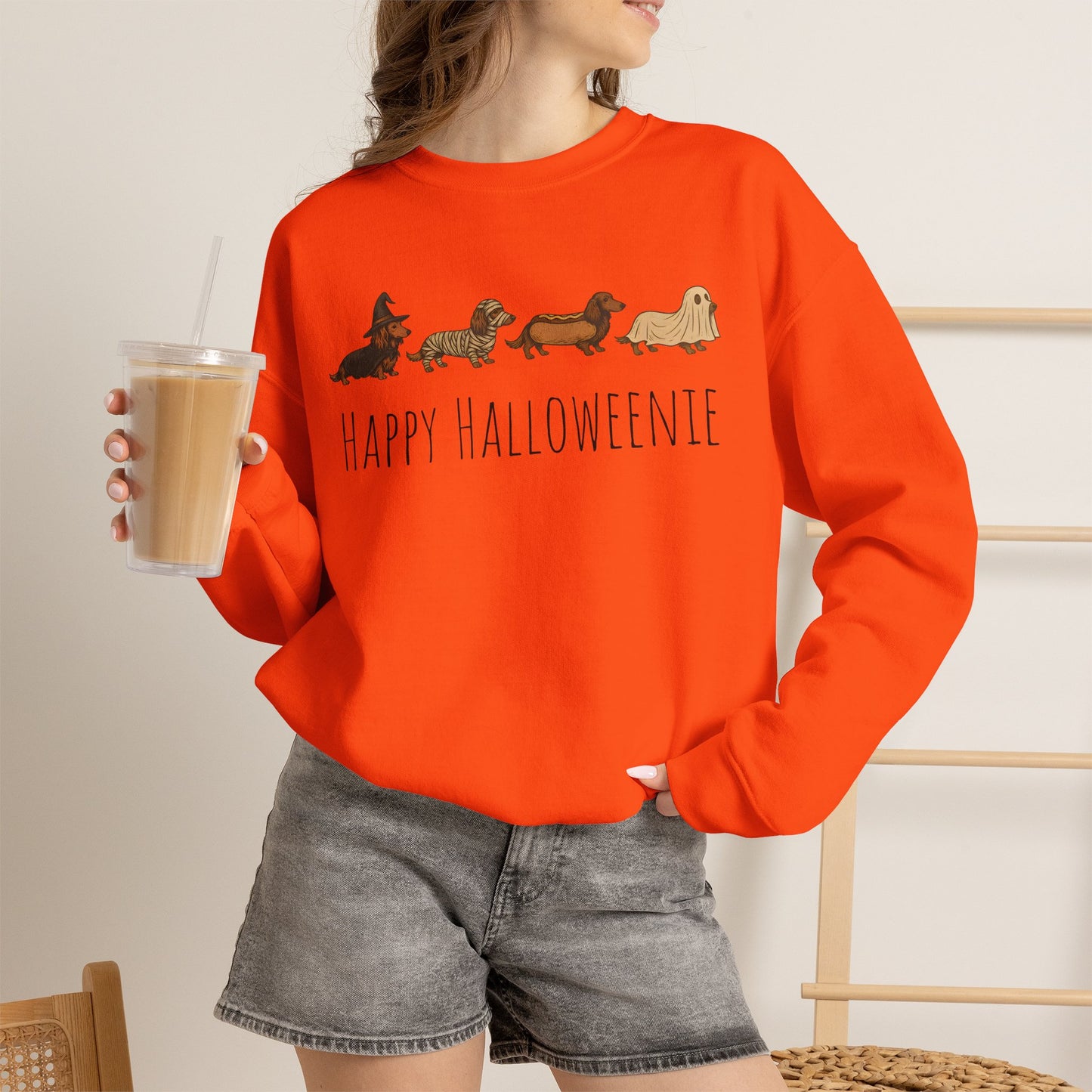 Halloween Dachshund Sweatshirt — "Happy Halloweenie" Cute Halloween Dog Crewneck