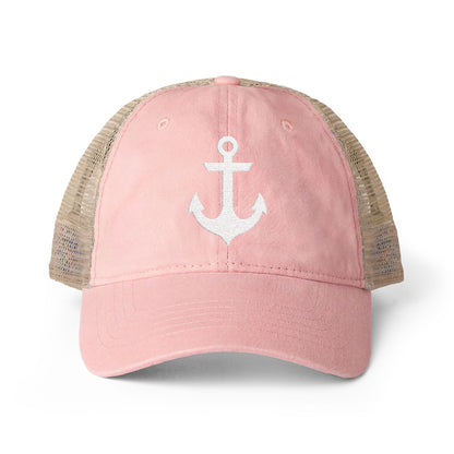 White Anchor Embroidered Women's Washed Mesh-Back Ball Cap