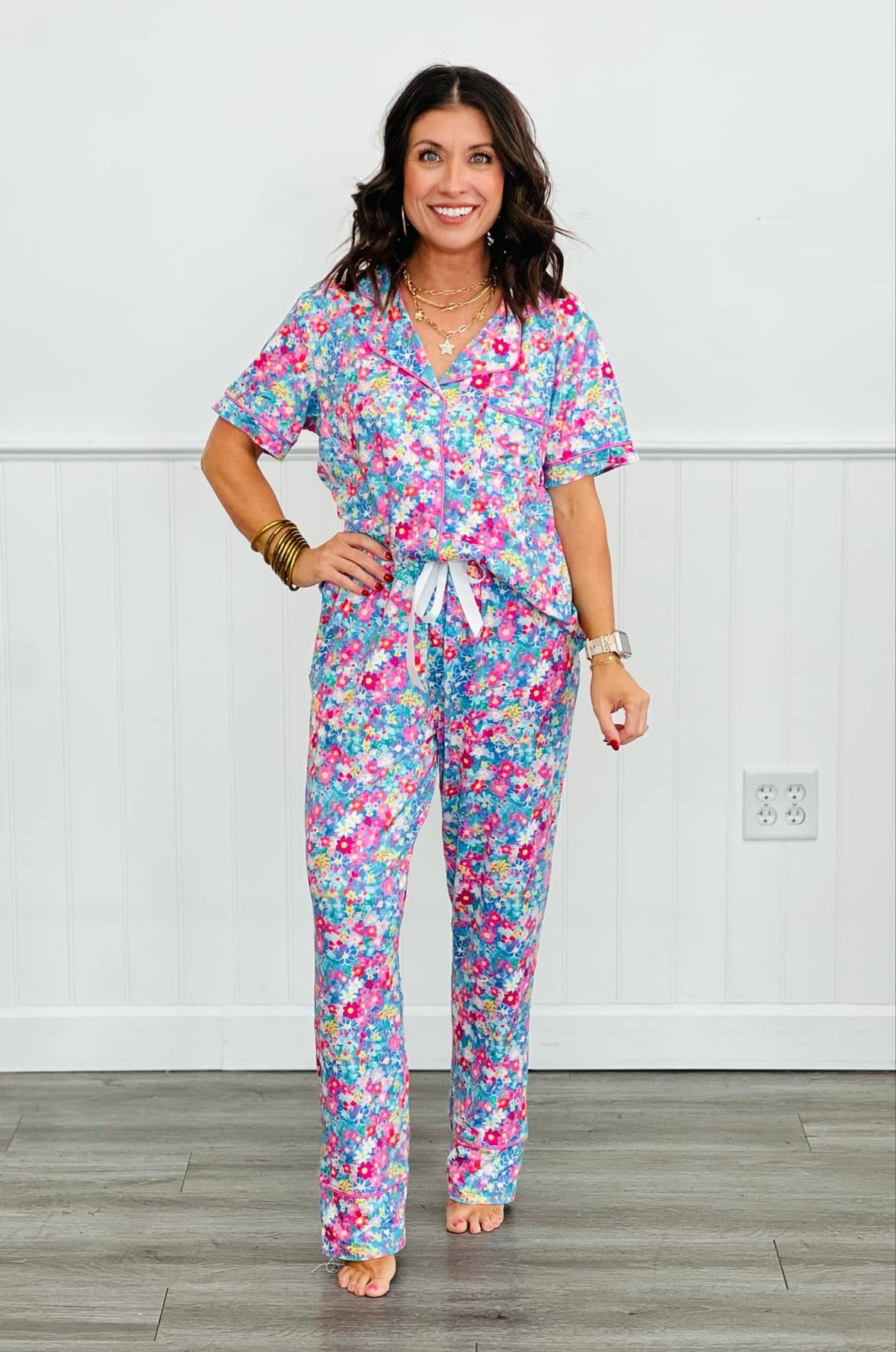 Button Front Pajama Pant Set in Three Prints