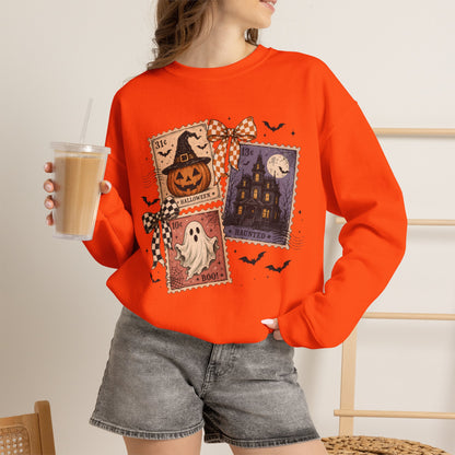 Halloween Patchwork Sweatshirt — Haunted House, Pumpkin & Ghost Crewneck