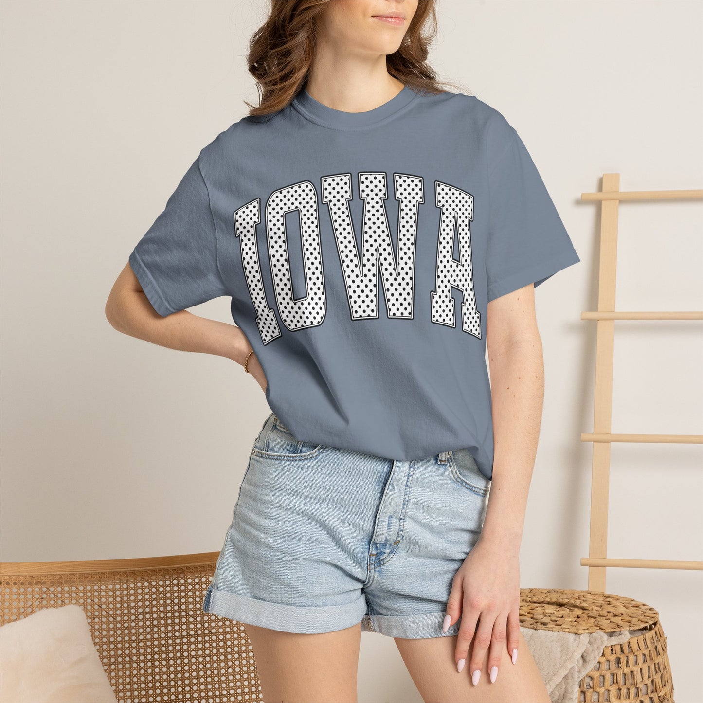 Iowa Retro Polka Dot Mesh Lettering Color Comfort T-Shirt