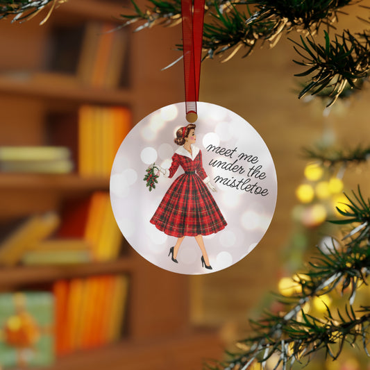 Meet Me Under the Mistletoe Metal Ornament – Holiday Fashionista in Plaid Dress