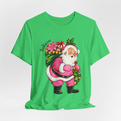 Pink Santa Christmas T-Shirt — Retro Holiday Santa Carrying Poinsettias Tee