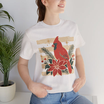 Cardinal & Poinsettia Tee — Vintage Holiday Bird Christmas T-Shirt