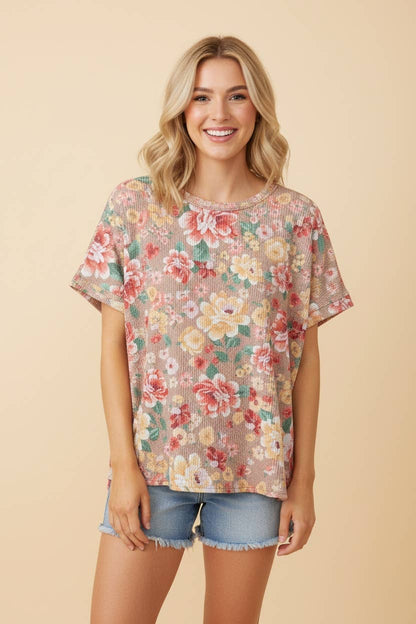 Heimish Floral V-Neck Ribbed Top