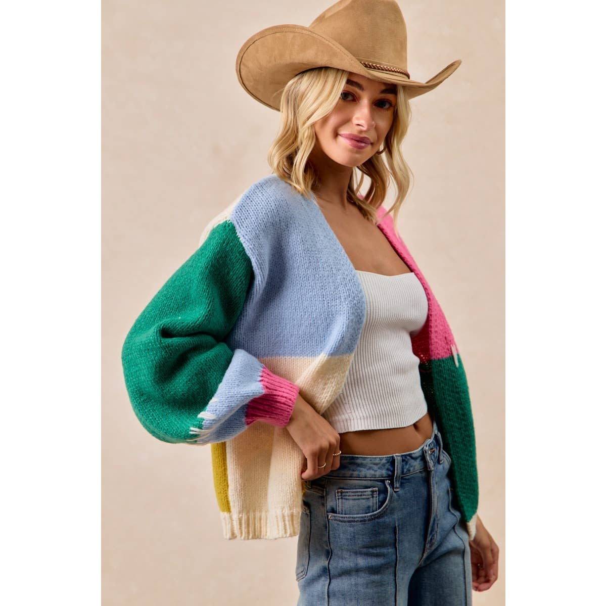 BiBi Color Block Sweater Open Cardigan