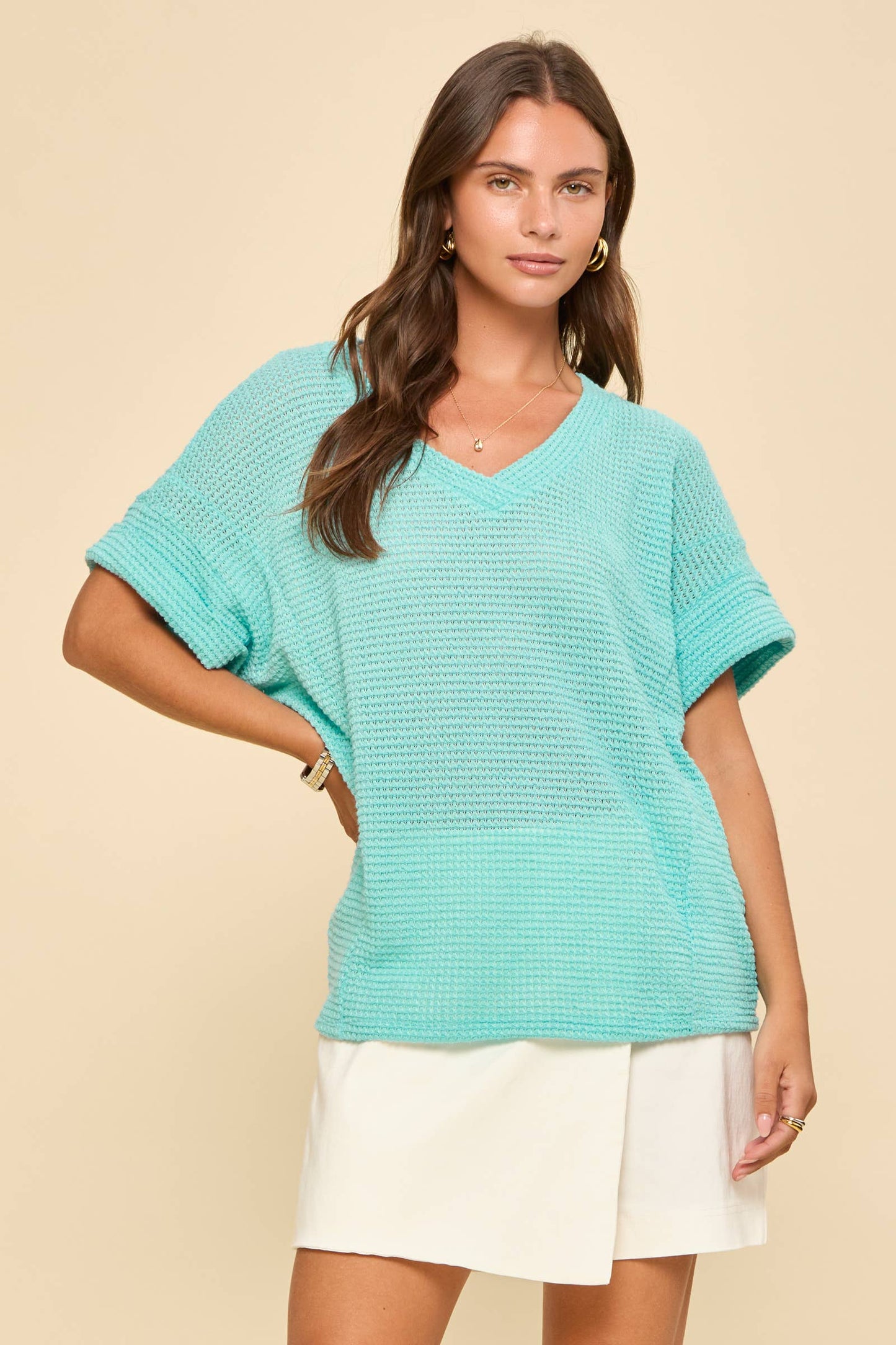 V-Neck Lightweight Sweater Crochet Knit Full Size Top