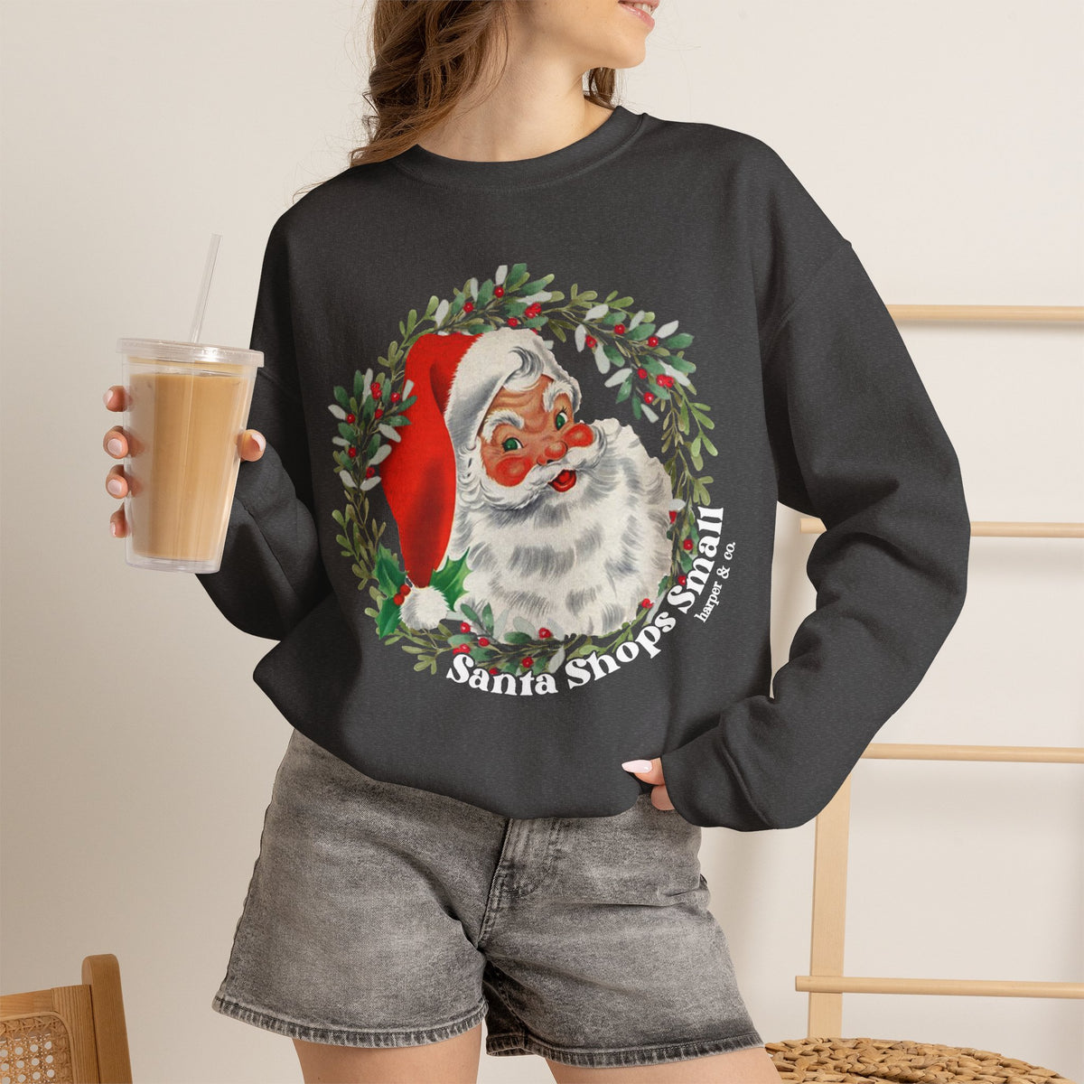 Santa Shops Here Sweatshirt — Vintage Santa Wreath Christmas Heavy Weight Crewneck