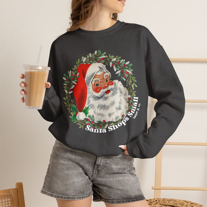 Santa Shops Here Sweatshirt — Vintage Santa Wreath Christmas Heavy Weight Crewneck
