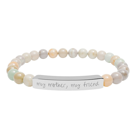 Engraved Natural Stone Bar Bracelet — "my mother, my friend" Stretch Bead Bracelet