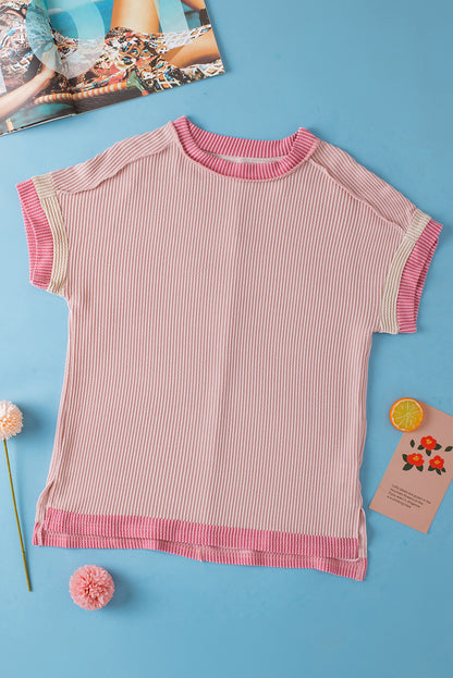 Light Pink Textured Contrast Trim Round Neck T Shirt