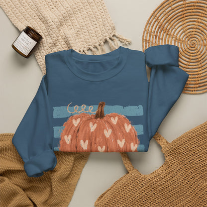 Pumpkin Blue Stripes with Hearts Crewneck Sweatshirt