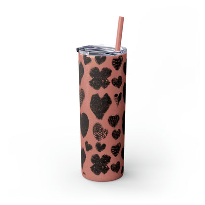 Black Heart Skinny Tumbler with Straw, 20oz