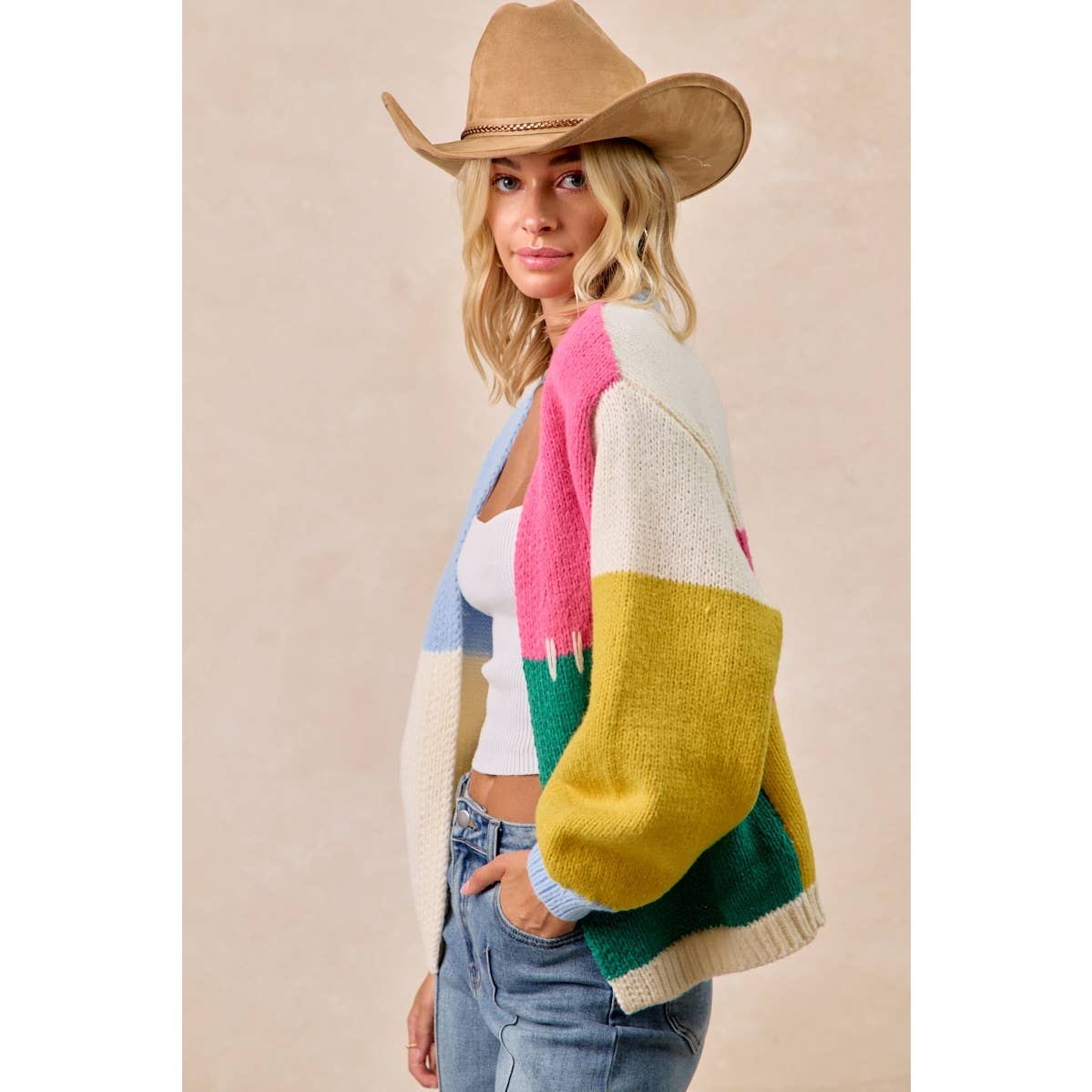 BiBi Color Block Sweater Open Cardigan