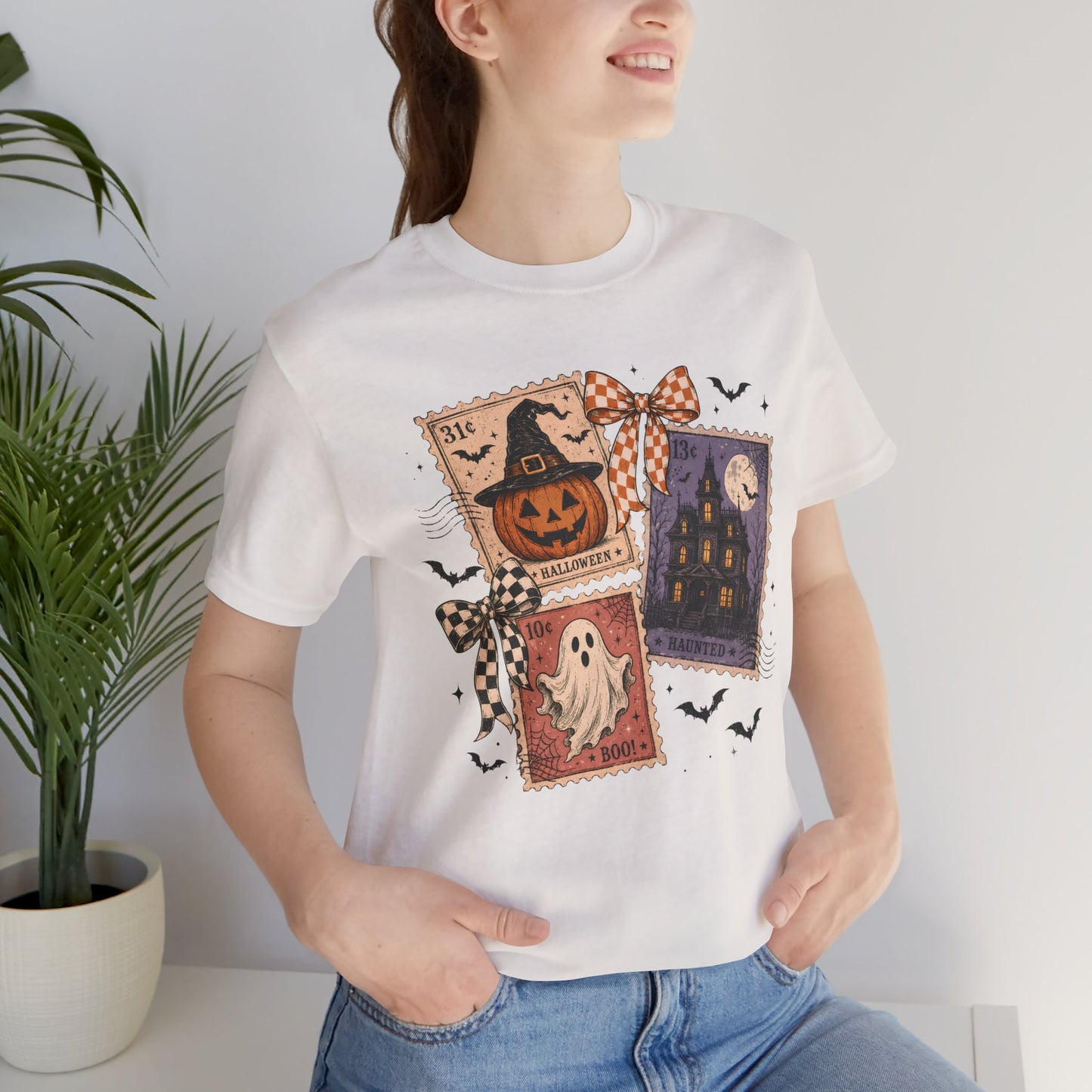 Halloween Stamp Tee — Haunted House, Pumpkin & Ghost Vintage Postage T-Shirt
