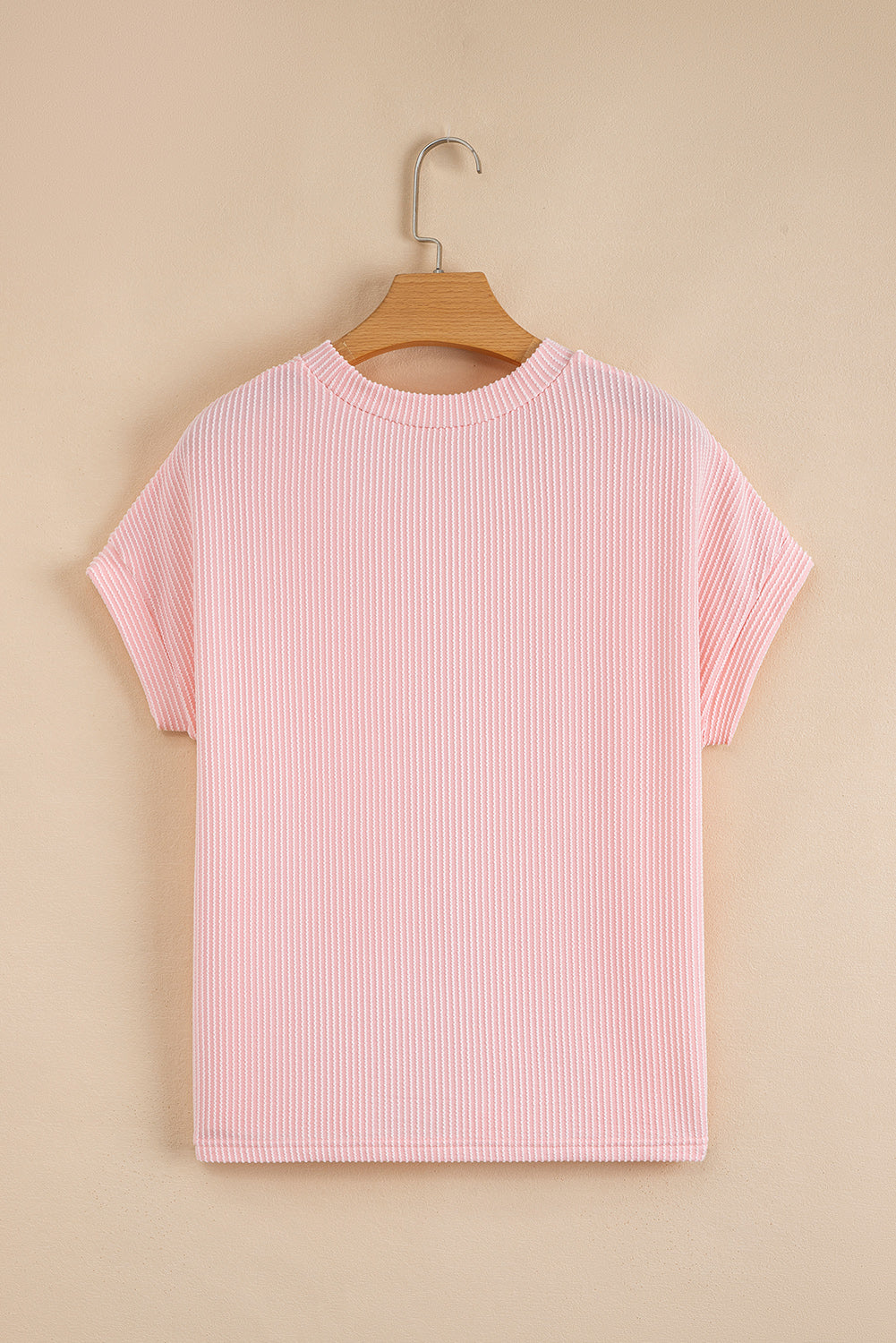 Pink Corded Knit Color Block Pocketed Crew Neck T Shirt