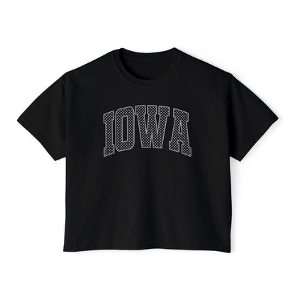 Iowa Boxy Tee — White Dots Women's Cropped College Graphic T-Shirt