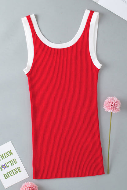 Colorblock Edge Ribbed Knit U Neck Tank Top in Fiery Red