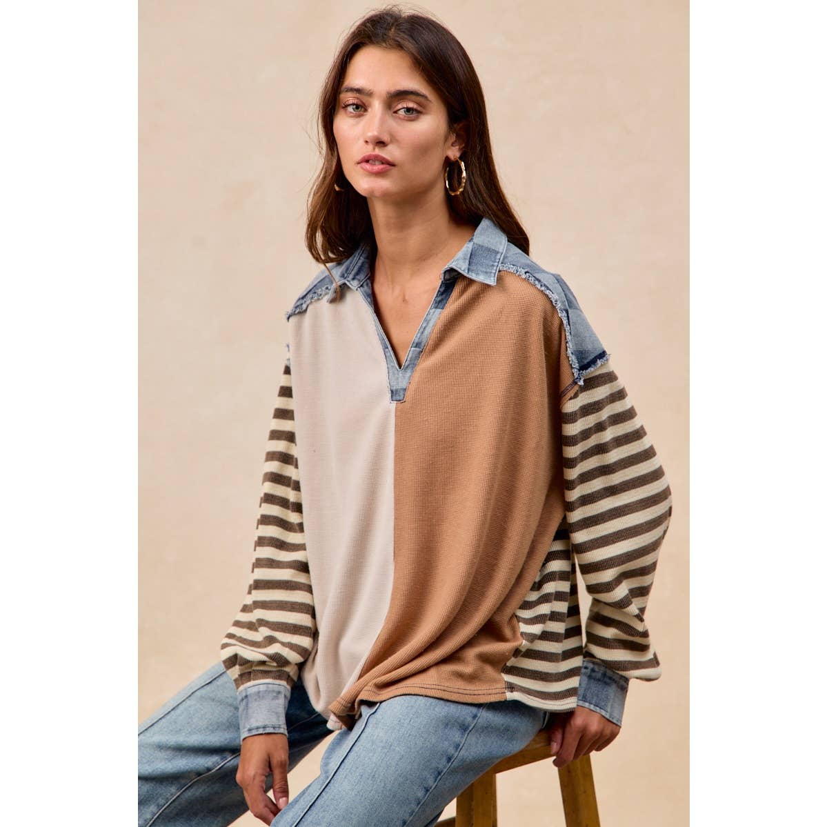 CUT EDGE CHECKER DENIM WAFFLE MIX AND MATCH TOP