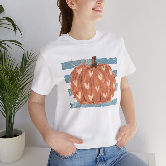 Pumpkin Heart Tee — Rustic Striped Autumn Pumpkin T‑Shirt