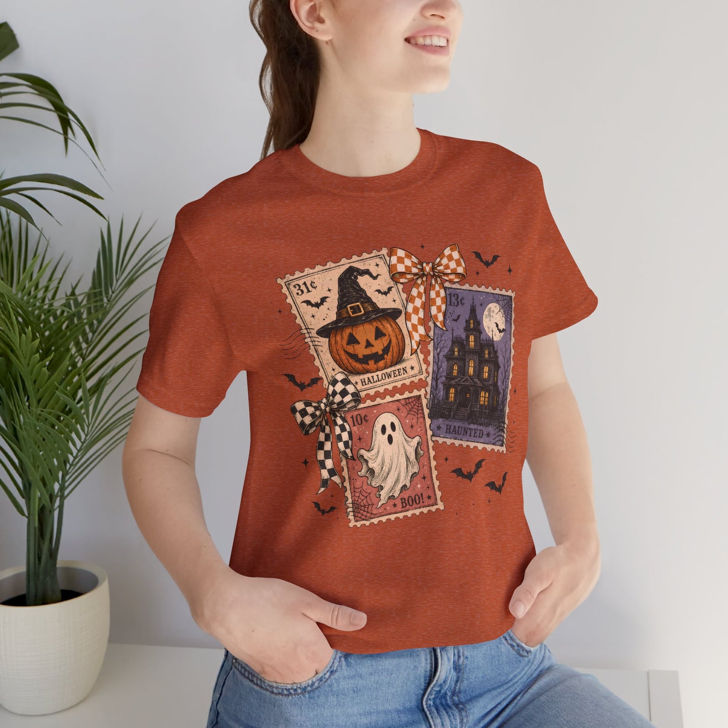 Halloween Stamp Tee — Haunted House, Pumpkin & Ghost Vintage Postage T-Shirt