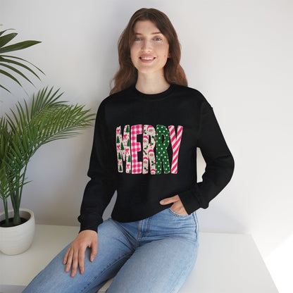 Merry Patchwork Crewneck Sweatshirt — Festive Christmas Plaid & Candy Cane Design