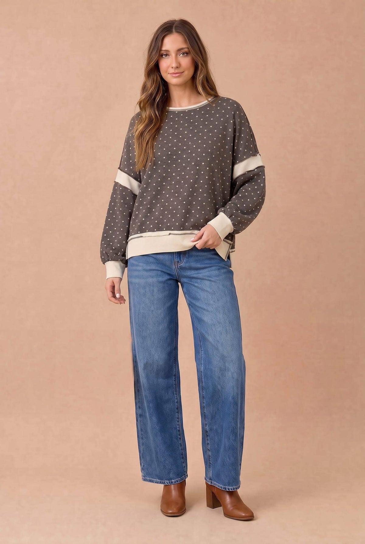 Polka Dot Color-block Cutout Back Full Size Pullover
