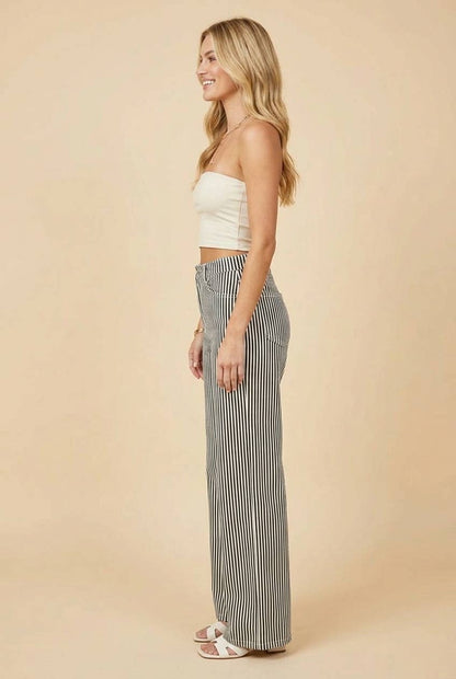 HP40087 High-Rise Wide-Leg Railroad Stripe Pants