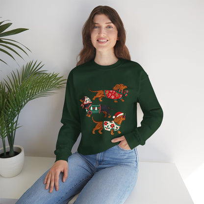 Dachshund Trio Christmas Sweatshirt – Festive Wiener Dogs in Holiday Sweaters