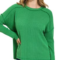 Zenana Full Size Exposed Seam Long Sleeve Corded Rib Knit Top