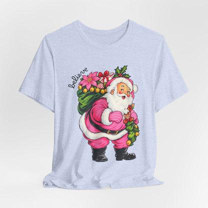 Pink Santa Christmas T-Shirt — Retro Holiday Santa Carrying Poinsettias Tee