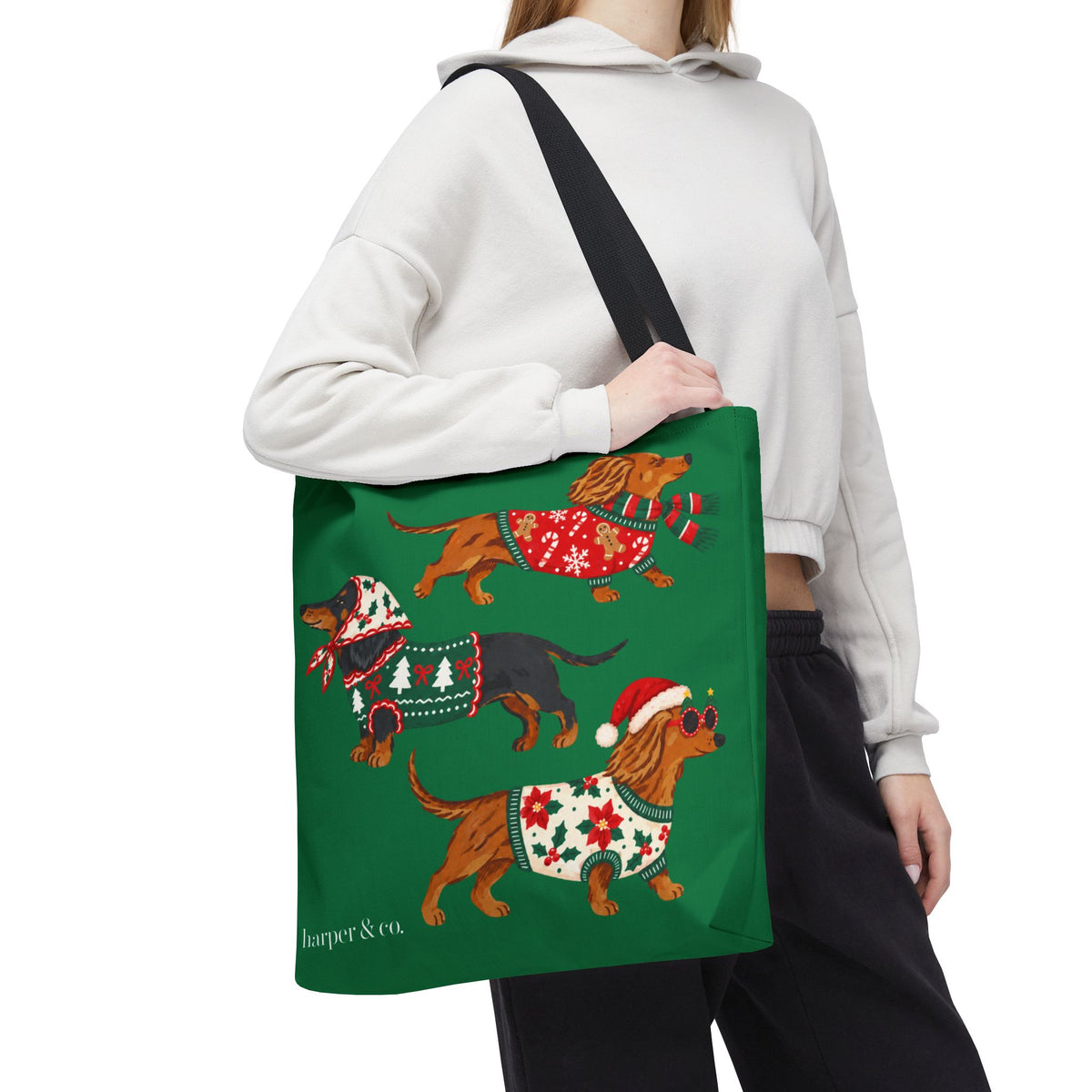 Holiday Dachshund Tote Bag — Christmas Dogs in Festive Sweaters AOP