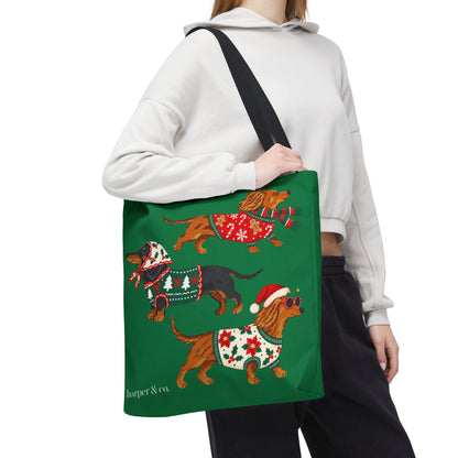 Holiday Dachshund Tote Bag — Christmas Dogs in Festive Sweaters AOP